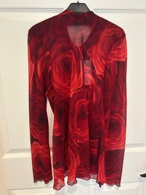 NWT Mango Red Rose Print Sheer Long-Sleeve Blouse